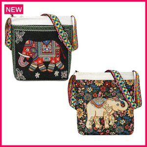 Vintage Elephant Embroidery Crossbody Bag, Nylon, 2-Piece Set